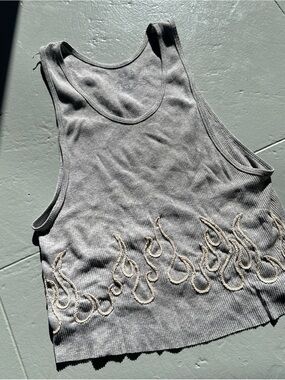 Gray Ribbed Tank Top with hand Embroidered Flame Detail
